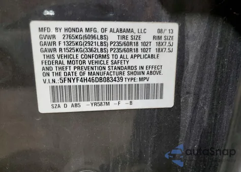 2013 Honda Pilot Ex z USA, uszkodzony, nr VIN 5FNYF4H46DB083439